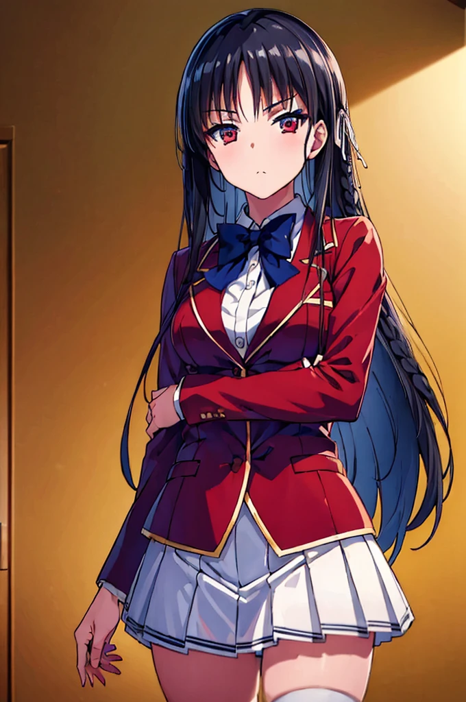 (masterpiece, best quality:1.5), (ultra detailed:1.4), super fine illustration, perfect anatomy, 8k portrait, official art, anime screencap,
1girl,
Suzune Horikita,
Suzune Horikita \(youjitsu\),
long hair, braid,
black hair,
red eyes, slant eyes, small eyes:,
blue bow,
medium breasts,
, red jacket, long sleeves, white skirt, pleated skirt, black thigh-high socks,
looking at viewer,
cowboy shot,
perfect light,