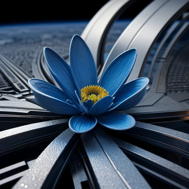  a glittering blue flower, chromed steel, titanium, vanadium and iron, dominant blue color tonality, growing on a fractal ground,warped space scenario, fractal design, brilliant,colours, masterpiece, highly detailed, 4k resolution,  3d modelling, digital art, abstract art