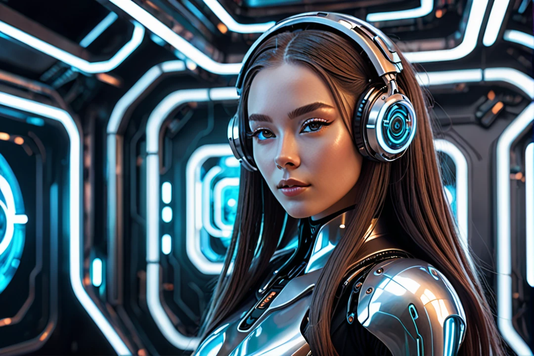 "A futuristic female cyborg with a beautiful, friendly face, designed for a lo-fi music YouTube channel background. She has a Russian-like appearance with long hair, large eyes, a high nose, and a wide mouth. Her body seamlessly integrates mechanical and organic elements, with sleek metal parts, glowing accents, and visible circuitry. Her proportions are perfect, highlighting her advanced design. She is engaging in various gestures, exuding warmth and relatability. The background is a futuristic setting that complements her advanced technology. The overall atmosphere is calm and inviting, ideal for a lo-fi music channel."