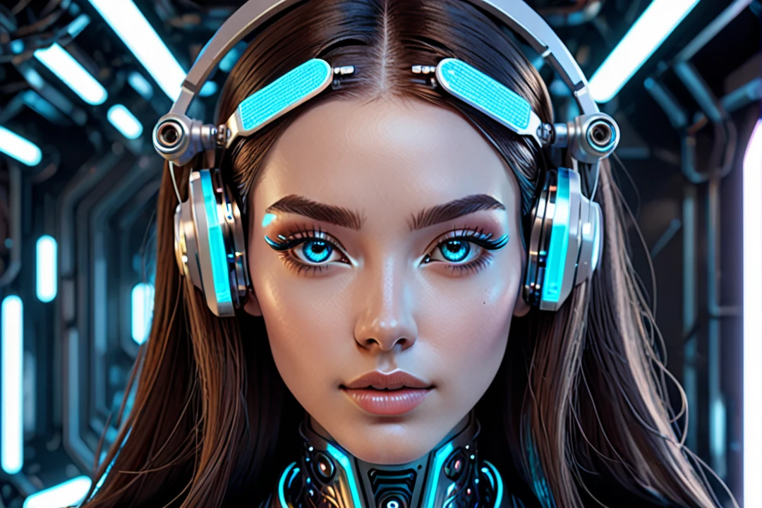 "A futuristic female cyborg with a beautiful, friendly face, designed for a lo-fi music YouTube channel background. She has a Russian-like appearance with long hair, large eyes, a high nose, and a wide mouth. Her body seamlessly integrates mechanical and organic elements, with sleek metal parts, glowing accents, and visible circuitry. Her proportions are perfect, highlighting her advanced design. She is engaging in various gestures, exuding warmth and relatability. The background is a futuristic setting that complements her advanced technology. The overall atmosphere is calm and inviting, ideal for a lo-fi music channel."