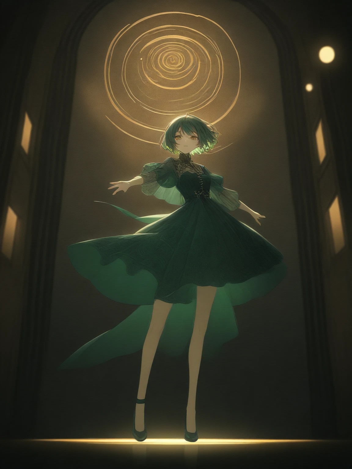 Super detailed, nice, Short jade-colored hair, Golden Eyes, Dress in fantasy style, Blushing, Confident look and pose, Urban Background, Highly stylized, Depth of written boundary, Bokeh effect, Backlight, stylish, elegant, Breathtaking visual richness, Full Body Shot, masterpiece, Art Nouveau influence, Fantastic beauty inspired by Yoshitaka Amano, Intricate floral pattern in the style of Alphonse Mucha, Cyberpunk Neon Cityscape, Delicate lace and silk texture, Whimsical yet dark atmosphere, Surreal Tim Burton-esque architecture, Shining Accents, Otherworldly aura, Provocative yet mysterious attitude