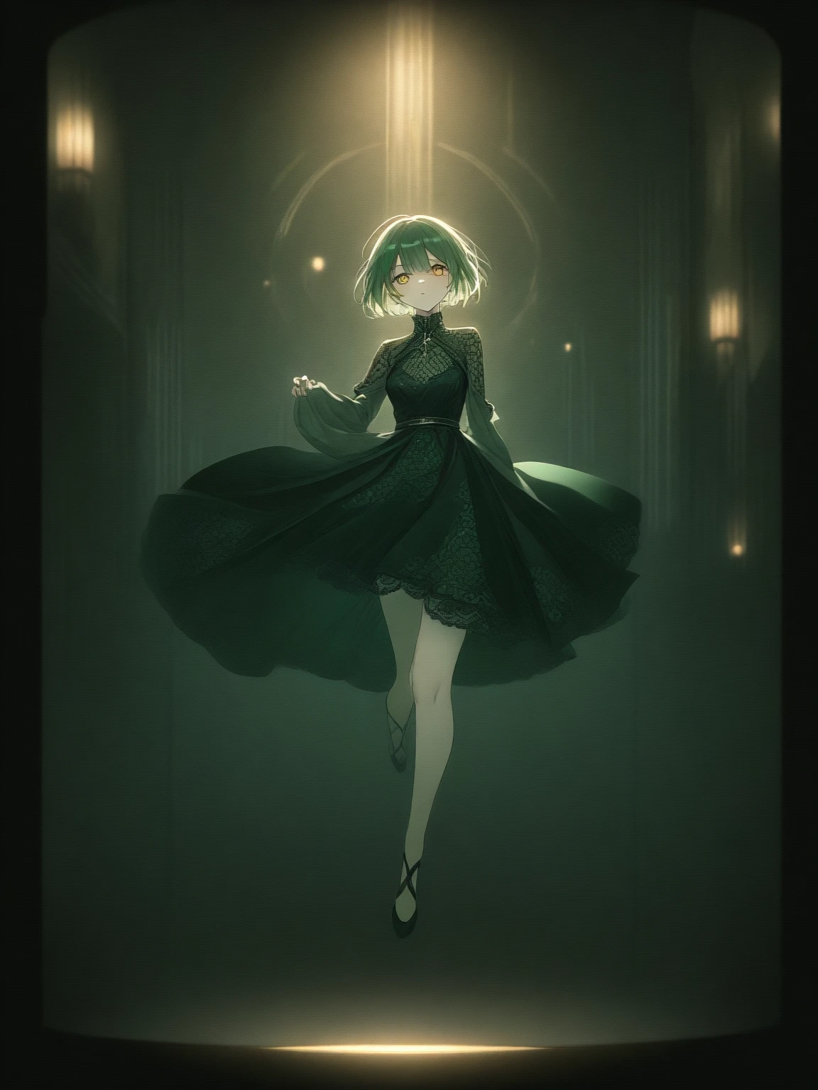Super detailed, nice, Short jade-colored hair, Golden Eyes, Dress in fantasy style, Blushing, Confident look and pose, Urban Background, Highly stylized, Depth of written boundary, Bokeh effect, Backlight, stylish, elegant, Breathtaking visual richness, Full Body Shot, masterpiece, Art Nouveau influence, Fantastic beauty inspired by Yoshitaka Amano, Intricate floral pattern in the style of Alphonse Mucha, Cyberpunk Neon Cityscape, Delicate lace and silk texture, Whimsical yet dark atmosphere, Surreal Tim Burton-esque architecture, Shining Accents, Otherworldly aura, Provocative yet mysterious attitude