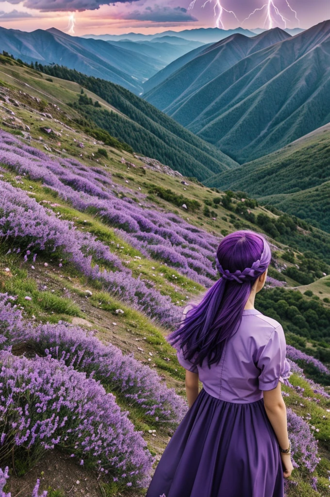 Generate a girl with purple hair and dresses purple enjoying a view on the top of a mountain with violet flowers near the girl and a beautiful puple lightning from afar