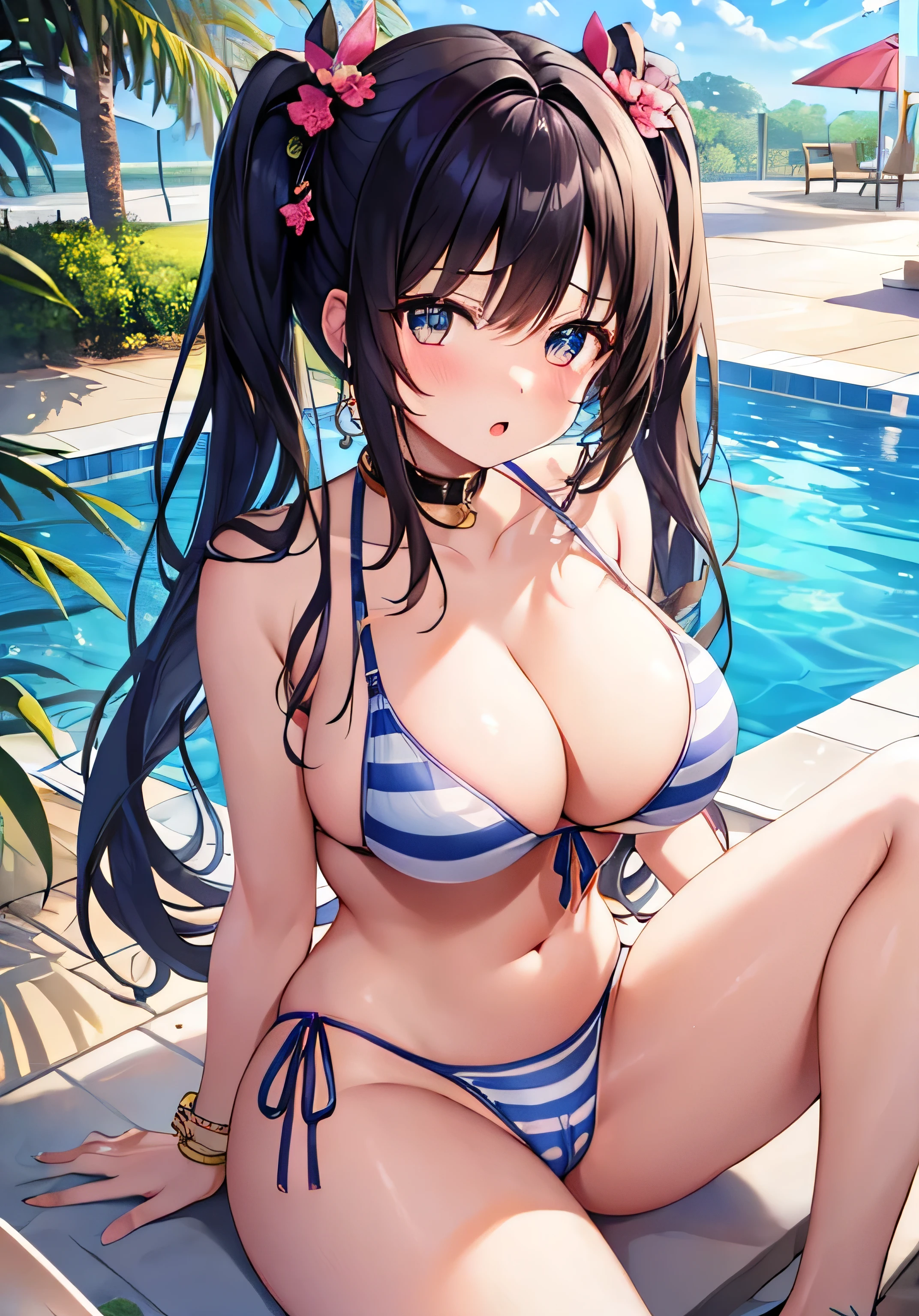 masterpiece、Highest quality、Ultra-high resolution、nsfw、age girl with big breasts、twin tail hairstyle、black hair、Red face、shyly、open your mouth just a little、blue striped bikini、her cleavage、open your legs wide、spread your legs wide、Sit by the pool、her crotch、Camel toe、outdoor pool of a resort hotel