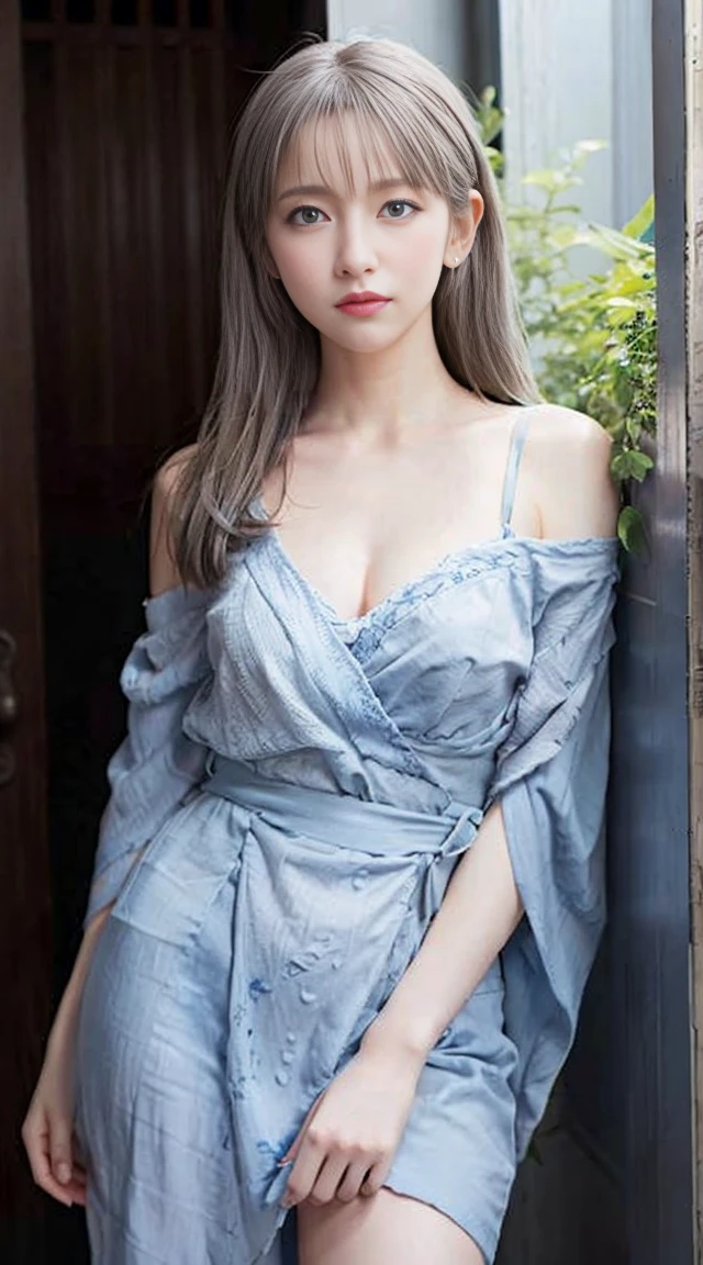Realistic, masterpiece,(16K quality), High resolution, Soft Light, blue eyes, Gray Hair, Long Hair, Shoulder less, Short kimono, Thin legs