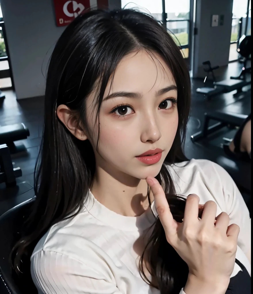 (masutepiece), (pov close up), Best Quality, masutepiece, (Photorealistic:1.2), 1womanl, selphie,  Front view, Realistic skin, (Round face), hair messy, Brown hair, human skin imperfection, Blackout lighting, Full body,Being in the gym、Power Rack、High Neck Long Sleeve Yoga Wear、Long pants leggings、You can see the bulge of the large chest under the shirt、桃の尻