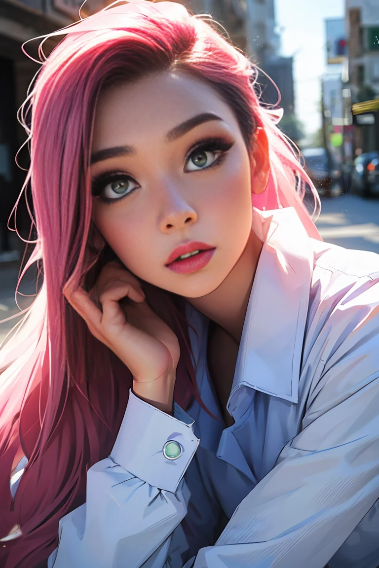 Photo of Ukrainian woman. Fits the face. 25 years old, sharp chin, raw photo, masterpiece, highly detailed photo, DSLR, photorealistic 3.9, ultra high resolution, top quality, pink lips, perfect makeup, big, bright green eyes, white