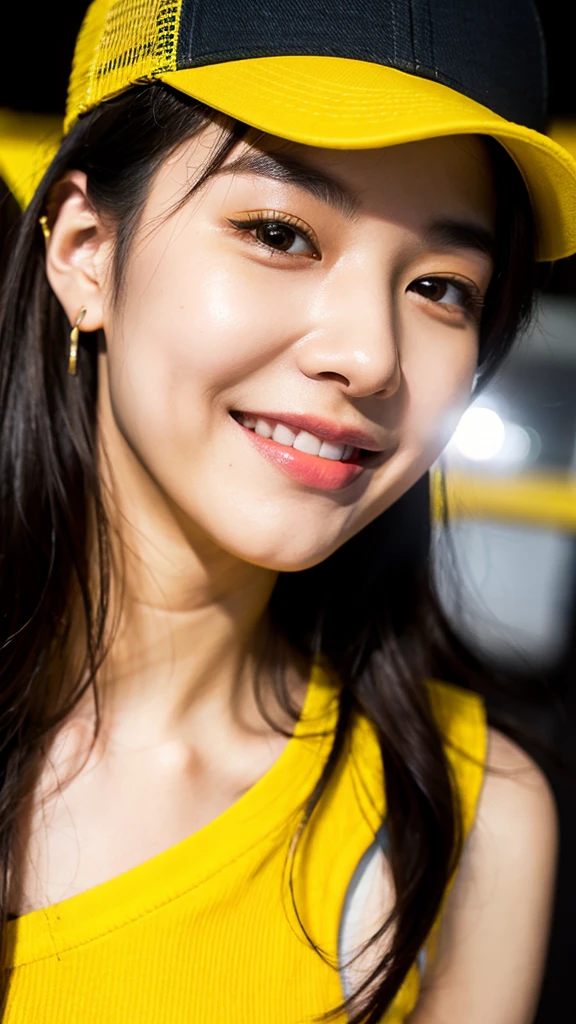 RAW Photo, DSLR BREAK (kkw-ph1:0.9) BREAK half body portrait of 1 young 20yo man, black hair, wearing plain yellow trucker cap, wearing plain yellow t-shirt, perfect eyes, perfect lips, perfect nose, professional color graded, wonderful woman, dark background, cute man, smiling