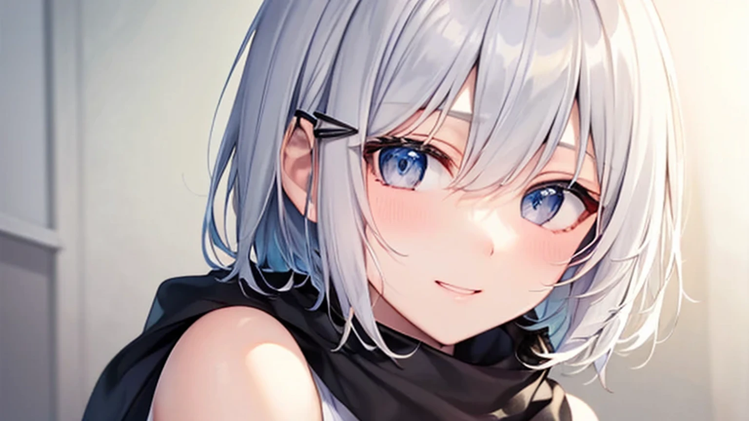 Her eyes were shining、Mysterious and enchanting atmosphere。With AI Painting、とてもShort Hair, Long bangs between the eyes, Very detailed,(masterpiece、Highest quality)、alone、Gray Hair、Fantasy, Silver Hair, Fantasyな風景、White shirt、smile、Open your mouth、Scarf、short hair、Short Hair、hairpin、black eye、Grey Eyes、Beautiful Eyes
