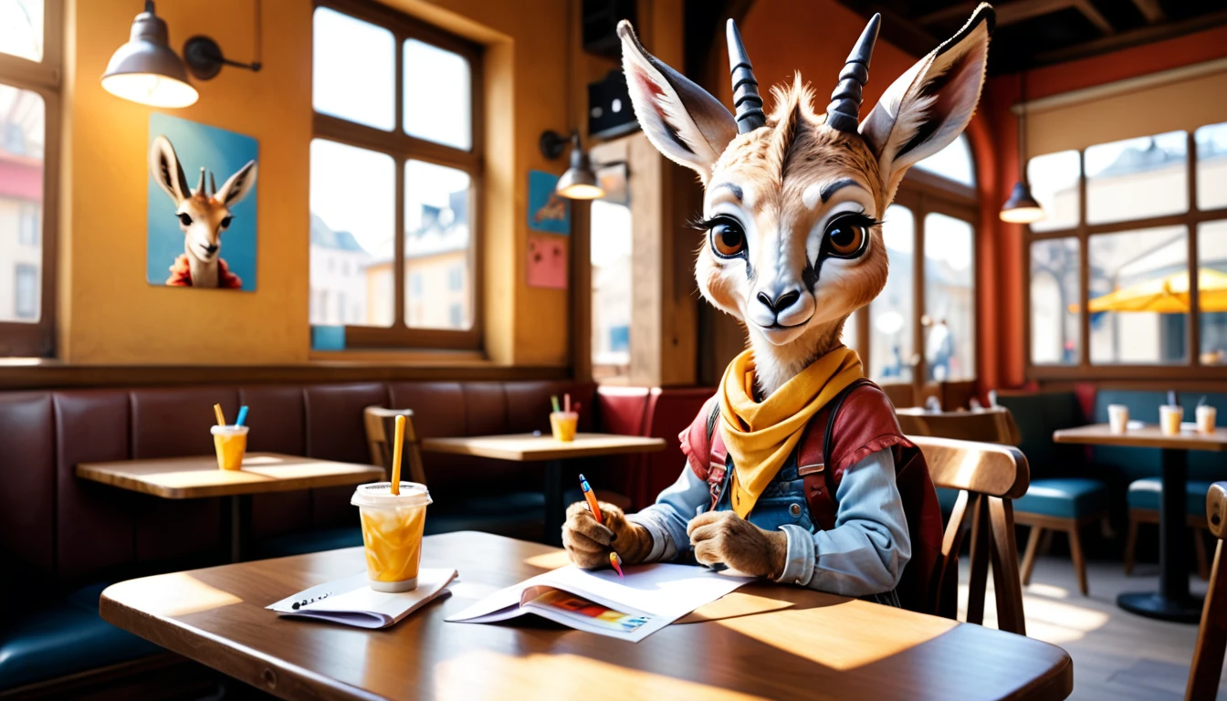 (photo film style), anthropomorphism, cute gazelle baby, colorful , stylish open cafe, studying, 2D, colorful, warm atmosphere, glossy, Jean-Baptiste Monge style, Alan Lee style