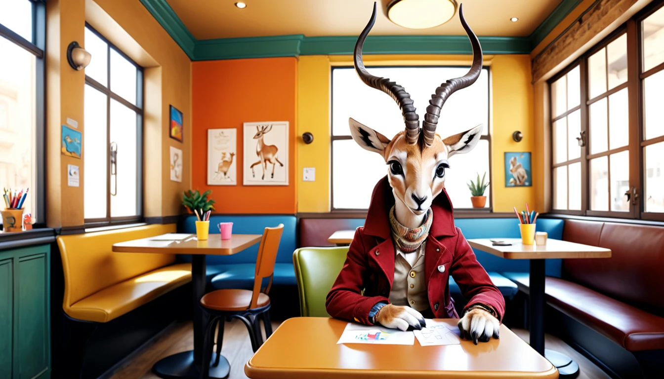 (photo film style), anthropomorphism, cute gazelle baby, colorful , stylish open cafe, studying, 2D, colorful, warm atmosphere, glossy, Jean-Baptiste Monge style, Alan Lee style