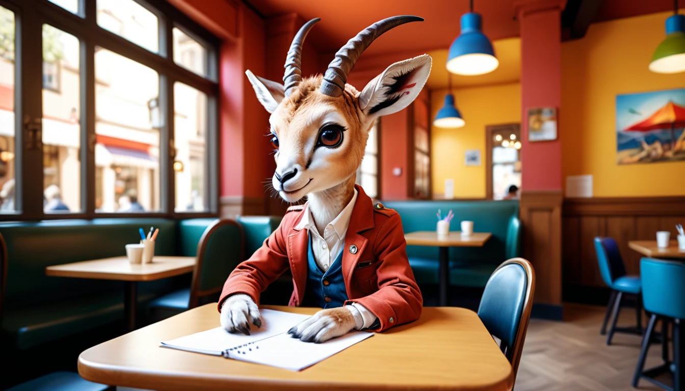 (photo film style), anthropomorphism, cute gazelle baby, colorful , stylish open cafe, studying, 2D, colorful, warm atmosphere, glossy, Jean-Baptiste Monge style, Alan Lee style
