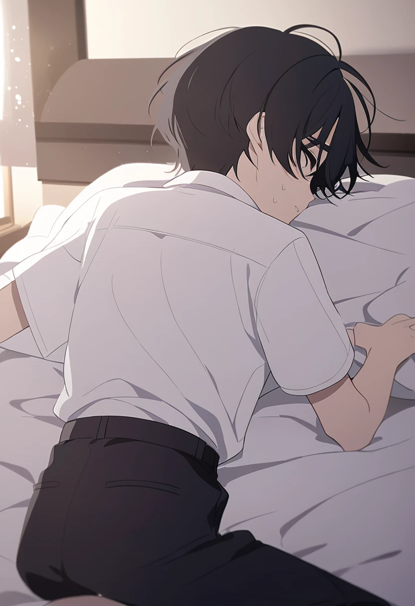 (One short boy,Black Hair,The hairstyle is short,Black Eye)I collapsed on my back on my bed at home.,White Shirt、Black trousers