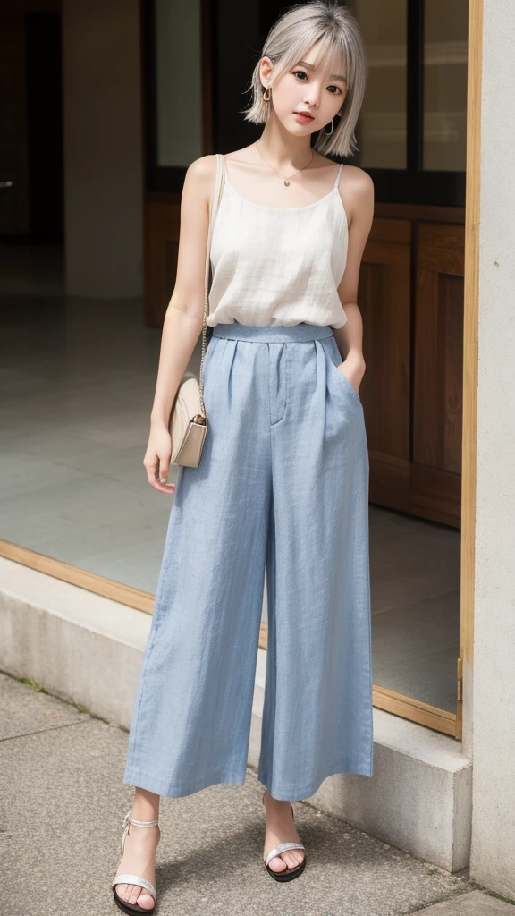 (8K, Realistic, RAW Photos, Highest quality: 1.4, detailed),Japanese idol-style beautiful girl,model,1 person,18-year-old,(Short Bob),(Silver Hair :1.1),She has her hair tucked behind her ears,Large, clear grey eyes,Long eyelashes,(piercings(small)),(Lip gloss),lips(Plump,glossy),thin long neck,Thin and delicate shoulders,Camisole tops(Linen fabric),High-waisted wide-leg pants(Linen fabric,Long length(Ankles are hidden :1.2)),Sandals on bare feet,studio,Front view,Full body portrait