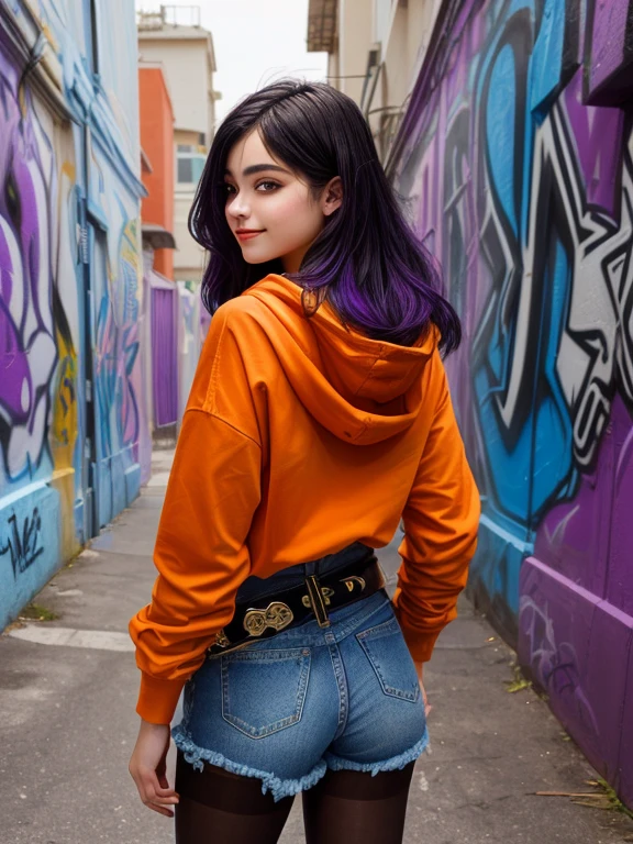 best shadows, shallow depth of field, (Best Quality, Amazing Detail: 1.25), (Solo: 1.3), back view, portrait of an amazingly beautiful age girl, 16 yrfect face, (black hair), (colored inner hair, purple hair), straight hair, (shoulder length hair), beautiful attractive face with purple eyes, purple mascara, calm behavior, small smile, inexpressive, medium breasts, (Wearing: Orange Hoodie, Denim Shorts, With Buckle Belt, black pantyhose), Vibrant Colorful Painting, cowboy shot, from behind, looking from behind, Graffiti Alley, Trash Can, Exterior Staircase, Outdoor Unit, Standing,