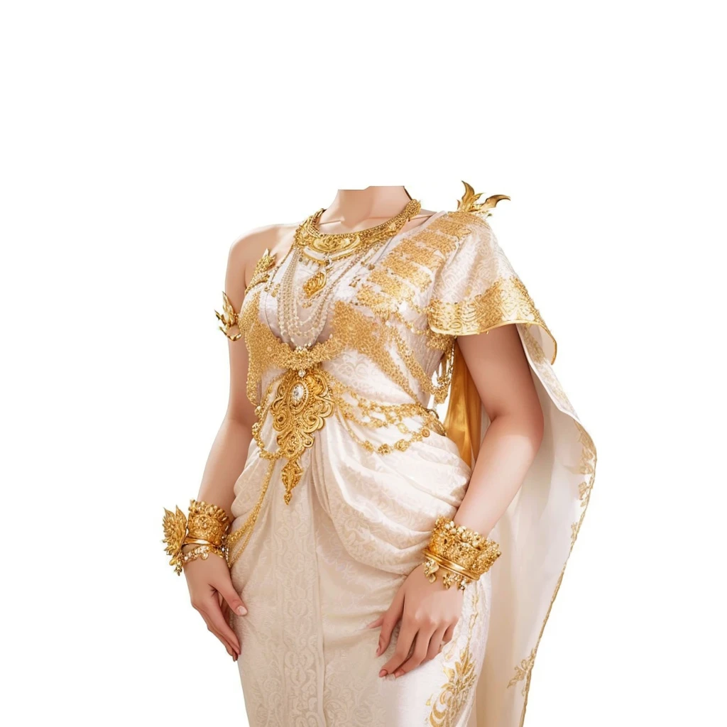 a woman in a white and gold dress with a gold shawl, sukhothai costume, wearing an ornate outfit, in style of thawan duchanee, traditional, intricate outfit, wearing ornate clothing, ornate attire, intricate white and gold armor, royal dress, very beautiful enga style, side view intricate details, golden intricate details, thin gold details