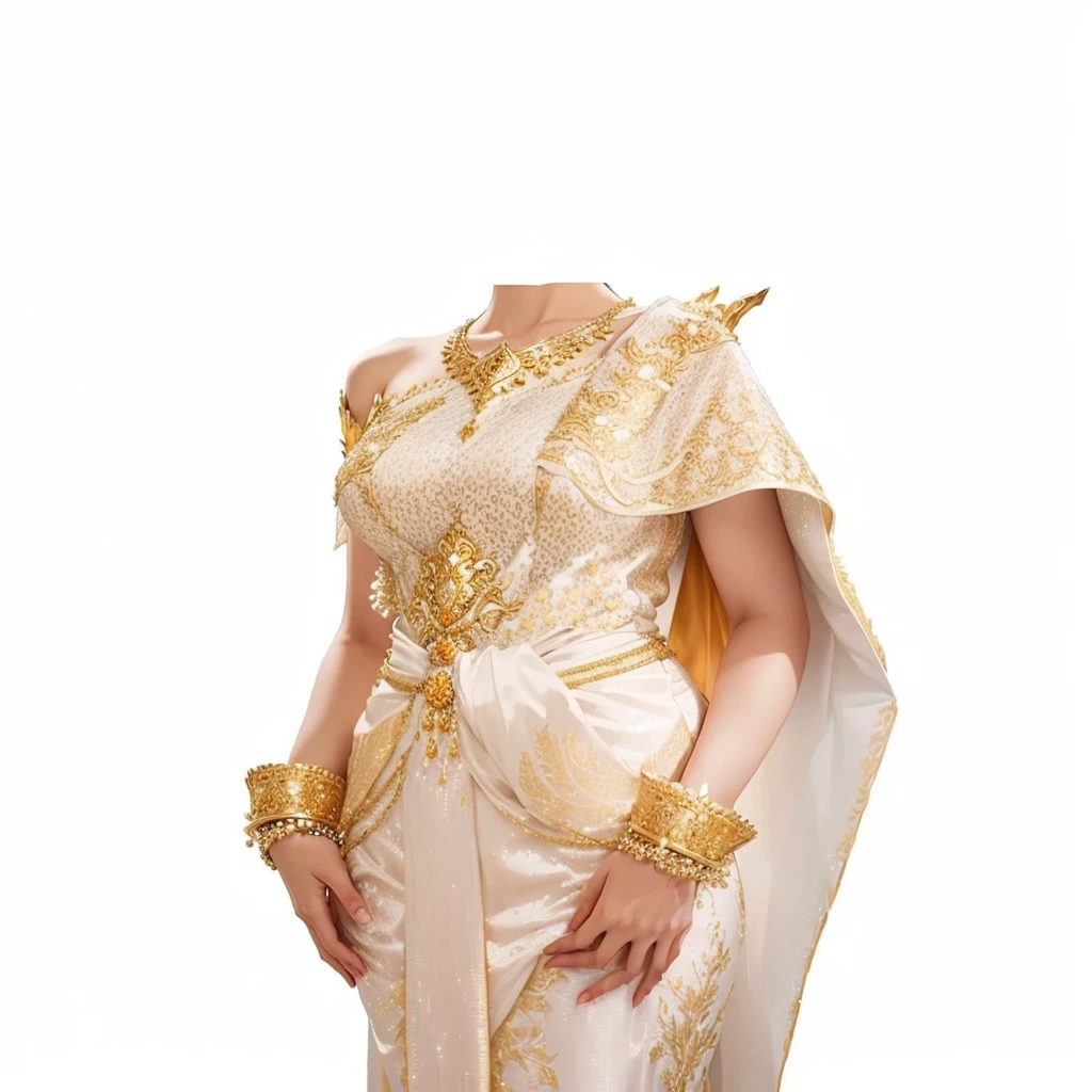 a woman in a white and gold dress with a gold shawl, sukhothai costume, wearing an ornate outfit, in style of thawan duchanee, traditional, intricate outfit, wearing ornate clothing, ornate attire, intricate white and gold armor, royal dress, very beautiful enga style, side view intricate details, golden intricate details, thin gold details