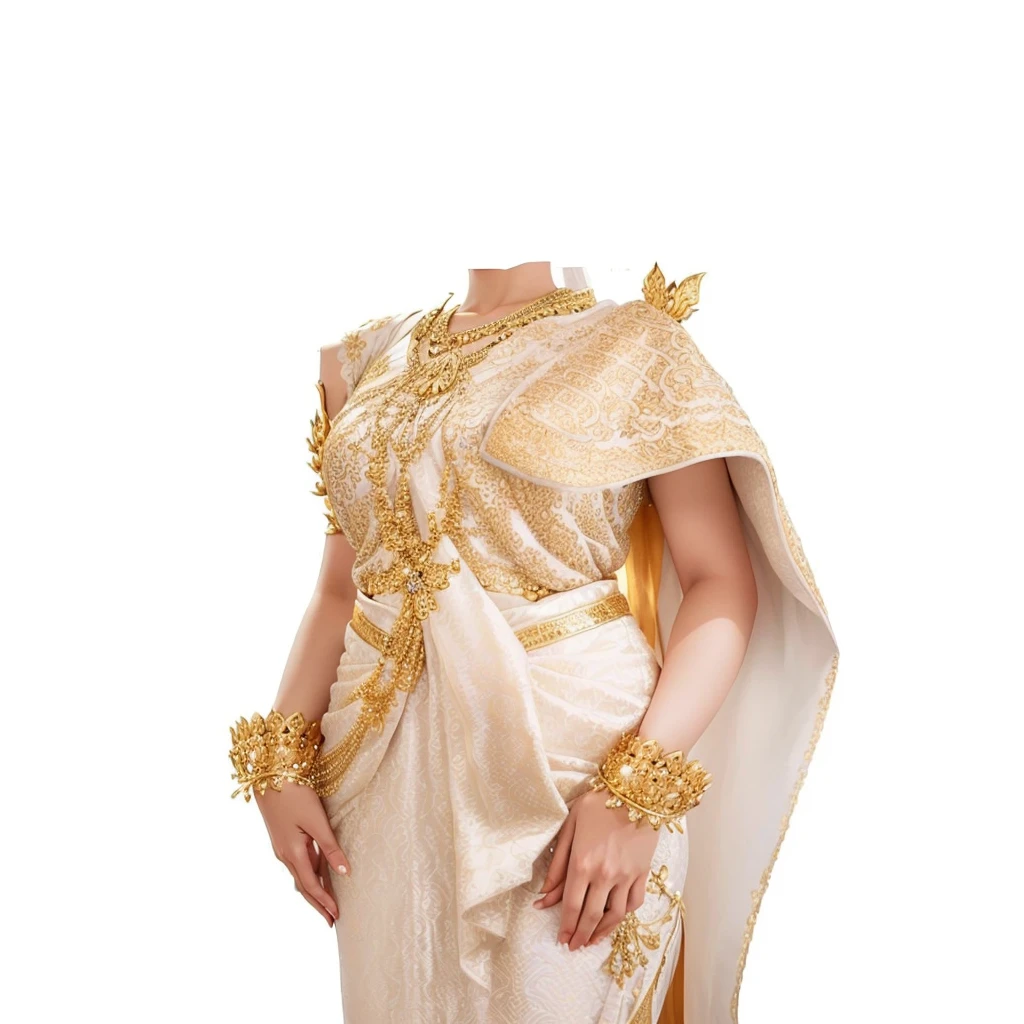 a woman in a white and gold dress with a gold shawl, sukhothai costume, wearing an ornate outfit, in style of thawan duchanee, traditional, intricate outfit, wearing ornate clothing, ornate attire, intricate white and gold armor, royal dress, very beautiful enga style, side view intricate details, golden intricate details, thin gold details
