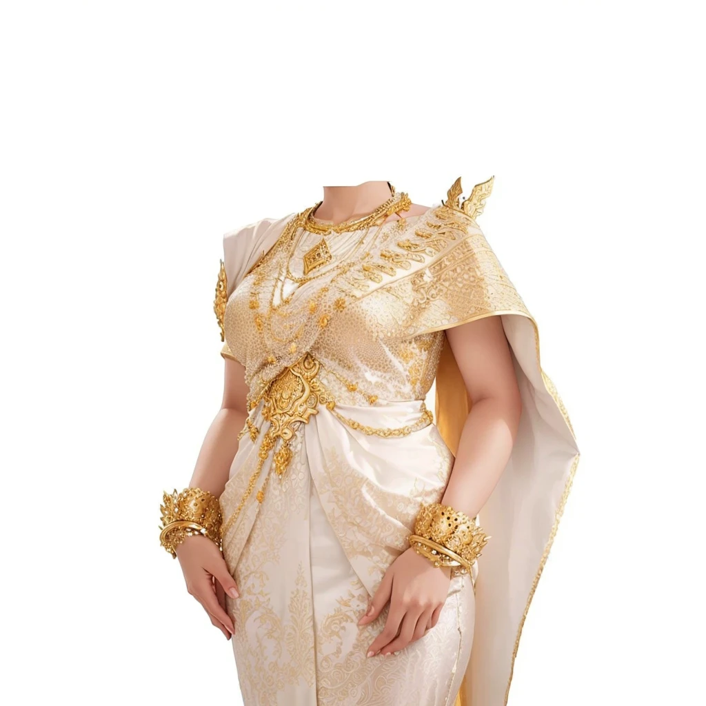 a woman in a white and gold dress with a gold shawl, sukhothai costume, wearing an ornate outfit, in style of thawan duchanee, traditional, intricate outfit, wearing ornate clothing, ornate attire, intricate white and gold armor, royal dress, very beautiful enga style, side view intricate details, golden intricate details, thin gold details