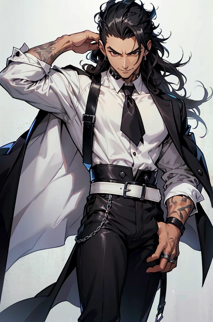 1man, young man, brown skin, brown eyes, mischievous smile, curly mid-long hair, black hair, wolfcut hairstyle, formal outfit, white shirt with rolled up sleeves, white shirt top buttons open, tattooed forearms, black kerchief around neck, black suit pants, black leather belt with silver buckle, black suit jacket, jacket over shoulders like a cape, black leather boots with silver buckles, silver rings on fingers, three silver earrings on right ear, no white skin, hunterxhunter anime style