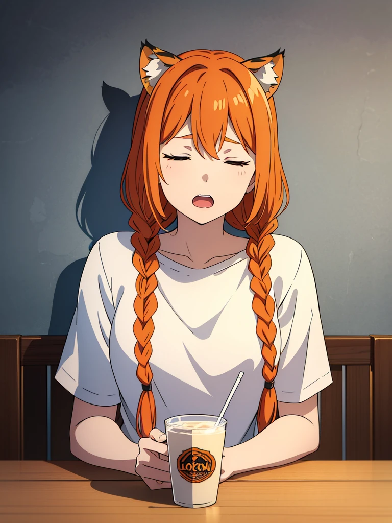 1girl,20 years old, female,tiger ears,long hair,(twin braids),orange hair,casual,(white background,line drawing),lopen mouth,closed eyes,drinking,from front,open mouth,pov across table,