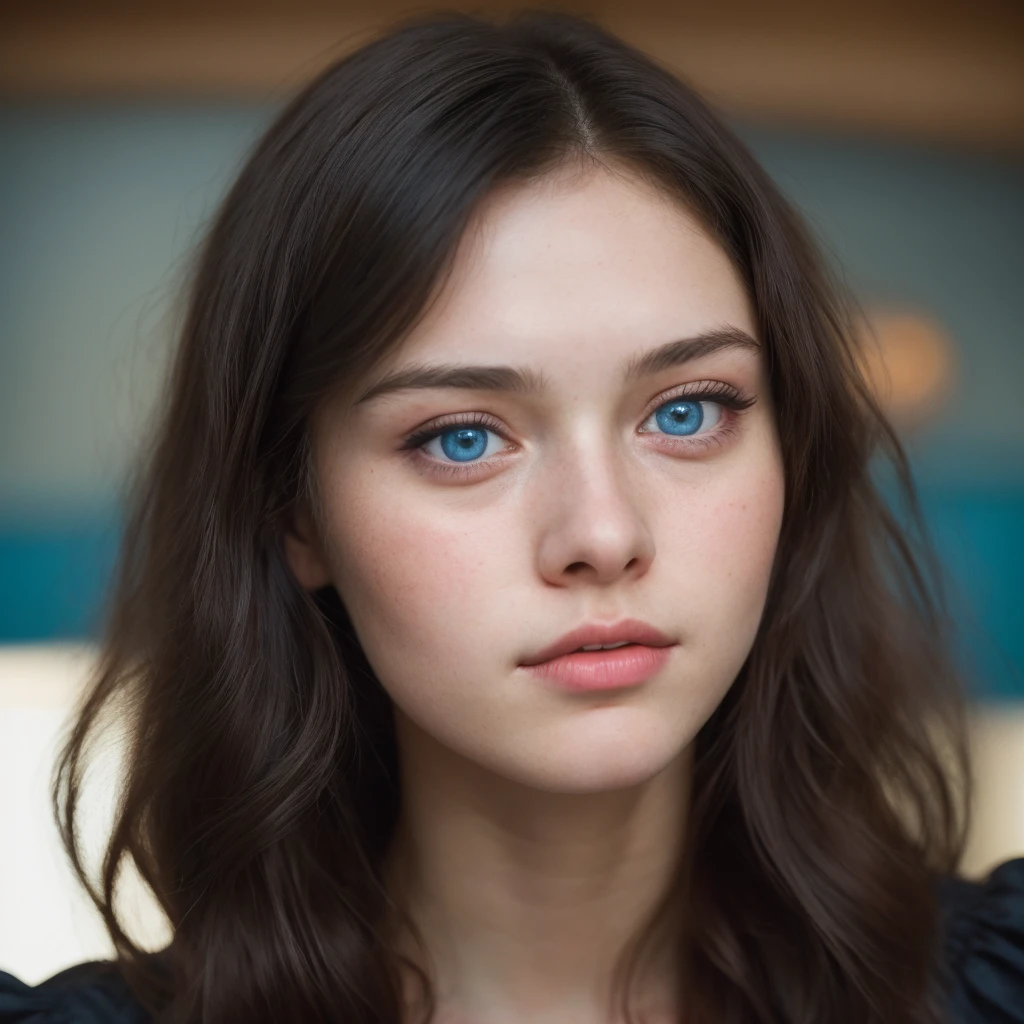 (close-up, editorial photograph of a 21 year old woman), (highly detailed face:1.4) (smile:0.7) (background inside light, warm, private study:1.3) POV, by lee jeffries, nikon d850, film stock photograph ,4 kodak portra 400 ,camera f1.6 lens ,rich colors ,hyper realistic ,lifelike texture, dramatic lighting , cinestill 800, showing full realistic face infront of camera big smil a cafe In a ceremony with black dress  With blue eyes and 