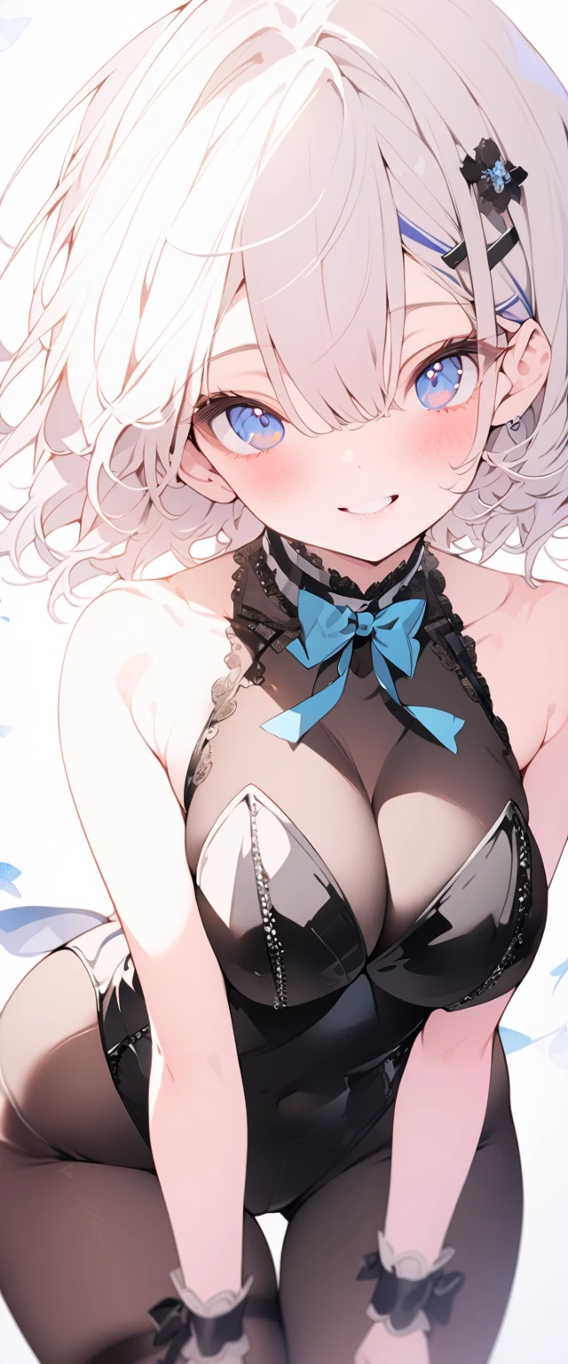 beautiful, masterpiece, Highest quality, anime, One girl, C Cup,Portrait Shot, View your viewers, Covered、Short Hair、nearby、Blue Eyes、art、、White hair,Blue streaked hair、hairpin、Cute smile、Thighs、Cute、Beautiful breasts、 tights、Cabaret Suit、brown_tights、Micro Mini