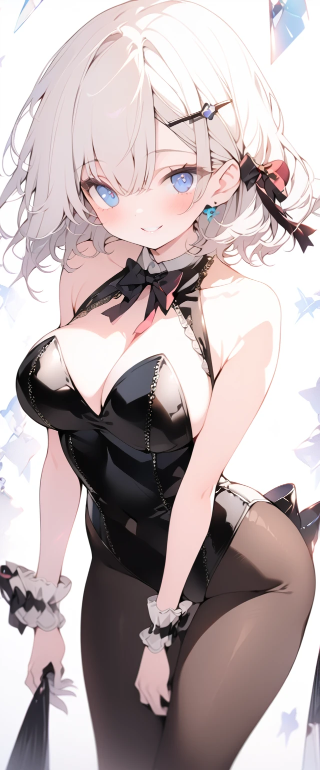 beautiful, masterpiece, Highest quality, anime, One girl, C Cup,Portrait Shot, View your viewers, Covered、Short Hair、nearby、Blue Eyes、art、、White hair,Blue streaked hair、hairpin、Cute smile、Thighs、Cute、Beautiful breasts、 tights、Cabaret Suit、brown_tights、Micro Mini