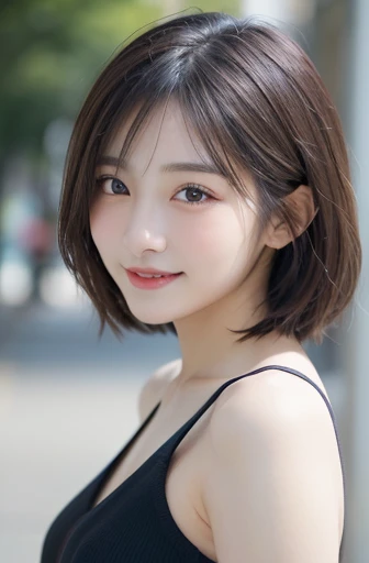 Tabletop, Highest quality, figure, Super detailed, In detail, High resolution, 8k wallpaper, Perfect dynamic composition, Beautiful attention to detail, Women's fashion,Very short hair,Small breasts Natural color Lips, Bold sexy pose,smile,Harajuku、20-year-old girl、cute、sexy shot looking at camera