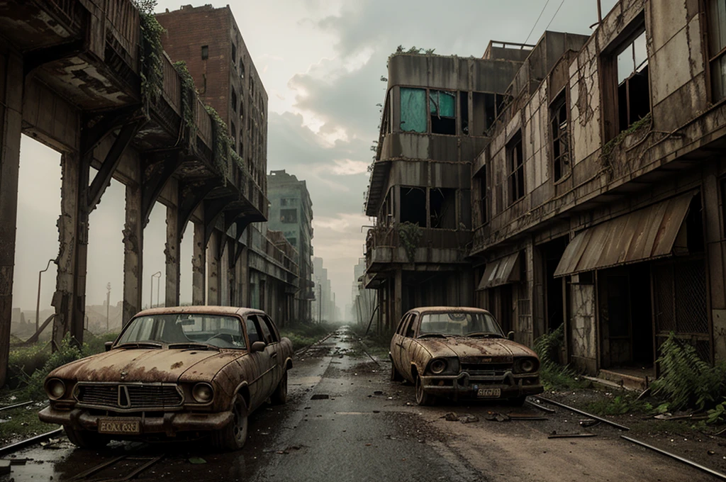 "Abandoned City, post-apocalyptic, desolate, crumbling architecture, overgrown with plants, eerie atmosphere, abandoned vehicles, hauntingly beautiful, dramatic lighting, rusted metal, decaying buildings, nature reclaiming the urban landscape."
