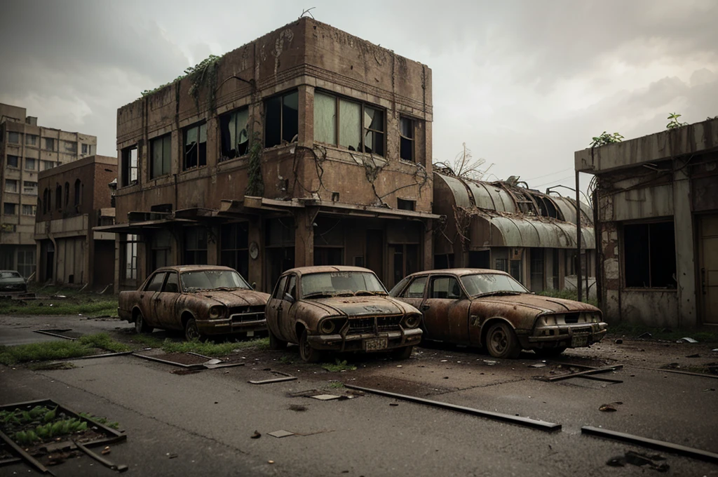 "Abandoned City, post-apocalyptic, desolate, crumbling architecture, overgrown with plants, eerie atmosphere, abandoned vehicles, hauntingly beautiful, dramatic lighting, rusted metal, decaying buildings, nature reclaiming the urban landscape."