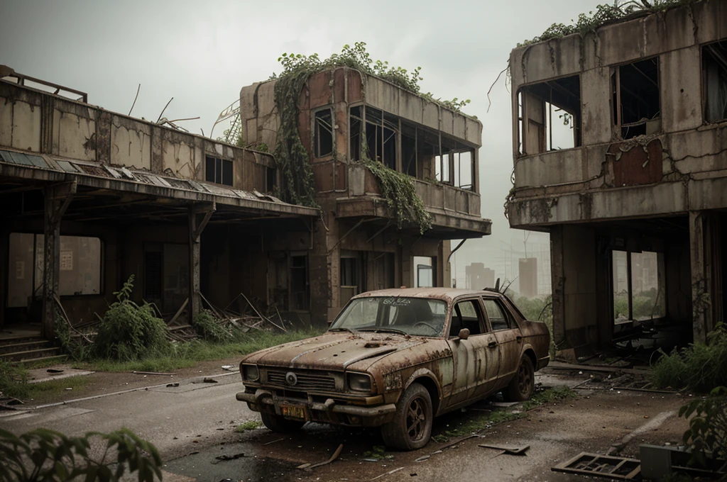 "Abandoned City, post-apocalyptic, desolate, crumbling architecture, overgrown with plants, eerie atmosphere, abandoned vehicles, hauntingly beautiful, dramatic lighting, rusted metal, decaying buildings, nature reclaiming the urban landscape."
