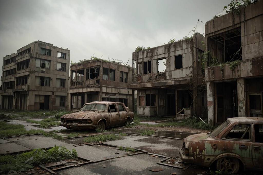 "Abandoned City, post-apocalyptic, desolate, crumbling architecture, overgrown with plants, eerie atmosphere, abandoned vehicles, hauntingly beautiful, dramatic lighting, rusted metal, decaying buildings, nature reclaiming the urban landscape."