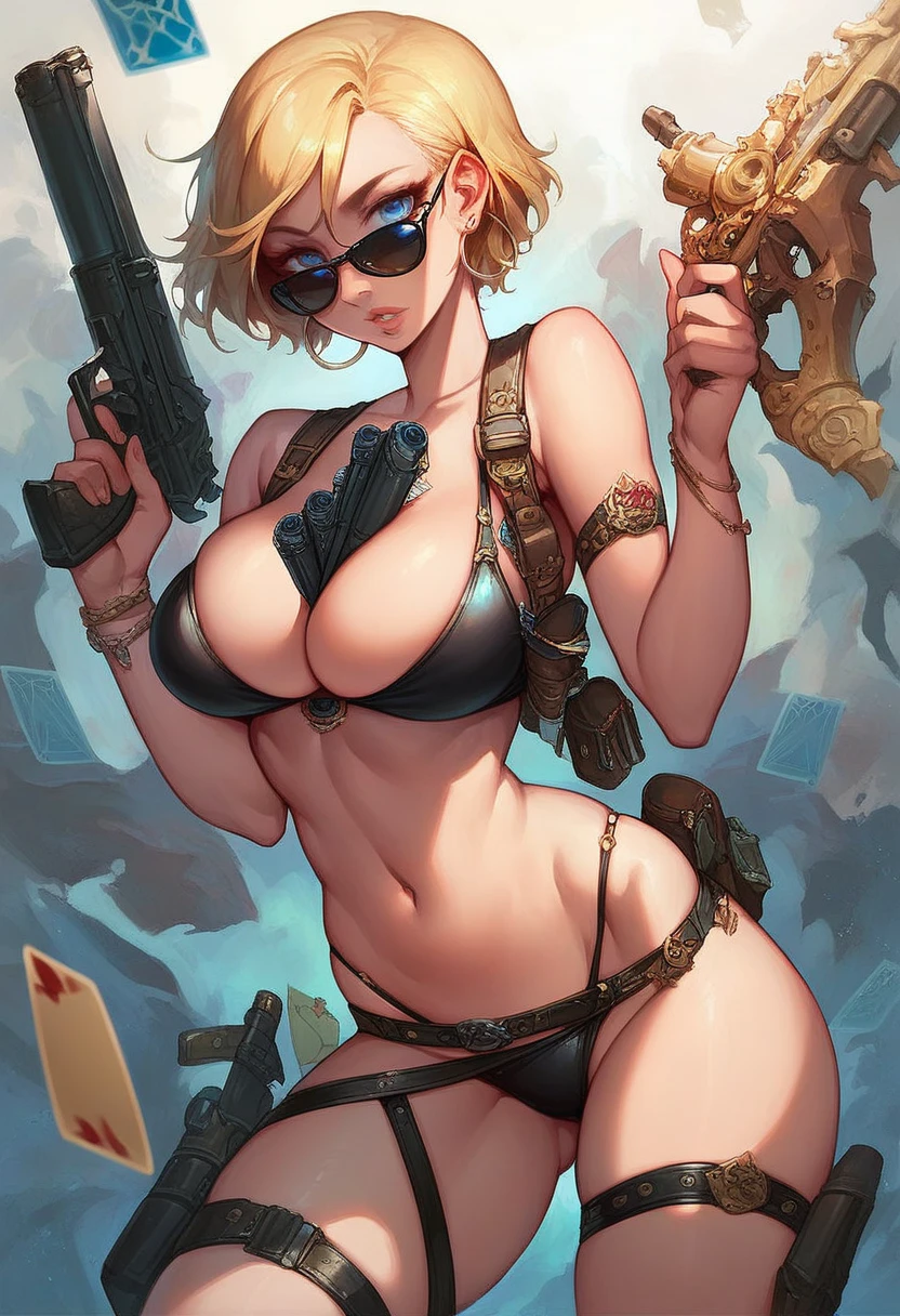 (best quality,masterpiece:1.2),solo,female,large breasts,mercenary,blonde hair,tan skin,young, full body, nude, standing up straight, looking at viewer