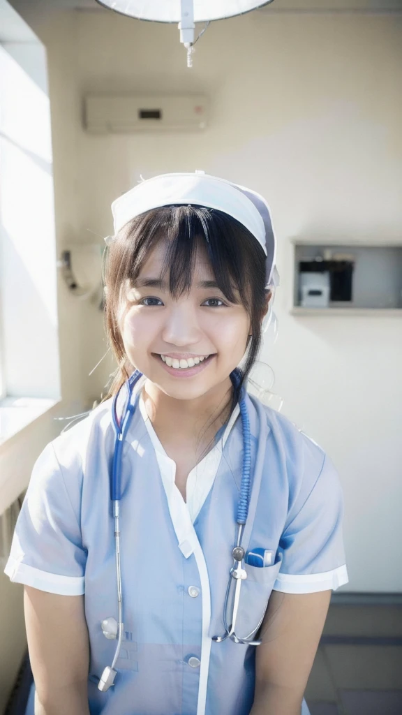 (a picture of Yuno Ohara, nurse, smile, infirmary, posing:1.3), (detailed lighting, extremely detailed skin, extremely detailed hair, shadows, 8k), looking at viewer, (High Key Lighting), masterpiece, top quality, best quality, official art, unity 8k wallpaper, highres, ultra-high res, ultra-detailed, beautiful and aesthetic