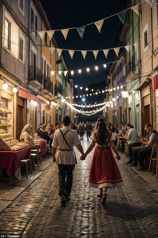 Alfama Night Scene during the Santo Antônio Festivities Background and Environment:
The scene takes place on a summer night in a historic neighborhood in Lisbon., like Alfama.
The narrow, winding cobblestone streets are illuminated by festive lights and colorful lanterns hang between the buildings.
The facades of the buildings, typical of Lisbon architecture, are decorated with colorful flags and paper ribbons.
Crowd and Activities:
A happy crowd of locals and tourists fills the streets, some dancing to Portuguese popular music played live.
Groups of people are gathered around tables and food stalls.
In a corner, there is an improvised stage where a local fado group is performing, with musicians playing Portuguese guitars and singers performing traditional songs.
Food and drink:
Food stalls serve grilled sardines, that are grilled outdoors, releasing smoke and aroma.
There are tables with bread, roasted peppers, green broth and roasted chorizo.
People are holding glasses of red wine and beer, toasting and chatting happily.
Cultural Elements:
Newlywed couples, part two "Saint Anthony Weddings", are walking through the streets, dresses in wedding attire, receiving congratulations and gifts.
Small basil vases (basil) are scattered across the tables, some with popular quatrains written on small pieces of paper.
Decoration & Details:
Strings of triangular flags and paper lanterns hang from one side of the streets to the other., creating a colorful ceiling.
Balloons and ribbons decorate the balconies and windows of buildings.
In some windows, there are images and altars in honor of Saint Anthony, adorned with flowers and lit candles.
Popular Marches:
A popular marching group is parading down the main street. They are dressed in traditional and colorful costumes, carrying props and banners.
The dancers are wearing flowy dresses and the male dancers, sailor clothes or typical costumes.