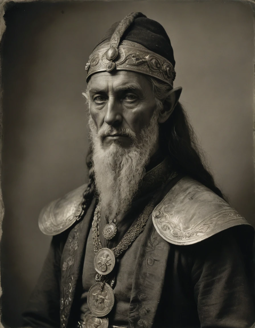 ((((Masterpiece, daguerreotype on old paper, monochrome)))), by Moebius, by Théodore Géricault, the composition is: (((50 year old male high elf, tan, elf ears, Assyrian beard, sullen, magnificent, he is wearing Mesopotamian costume with Steampunk elements, sashes, medals, pendants))).