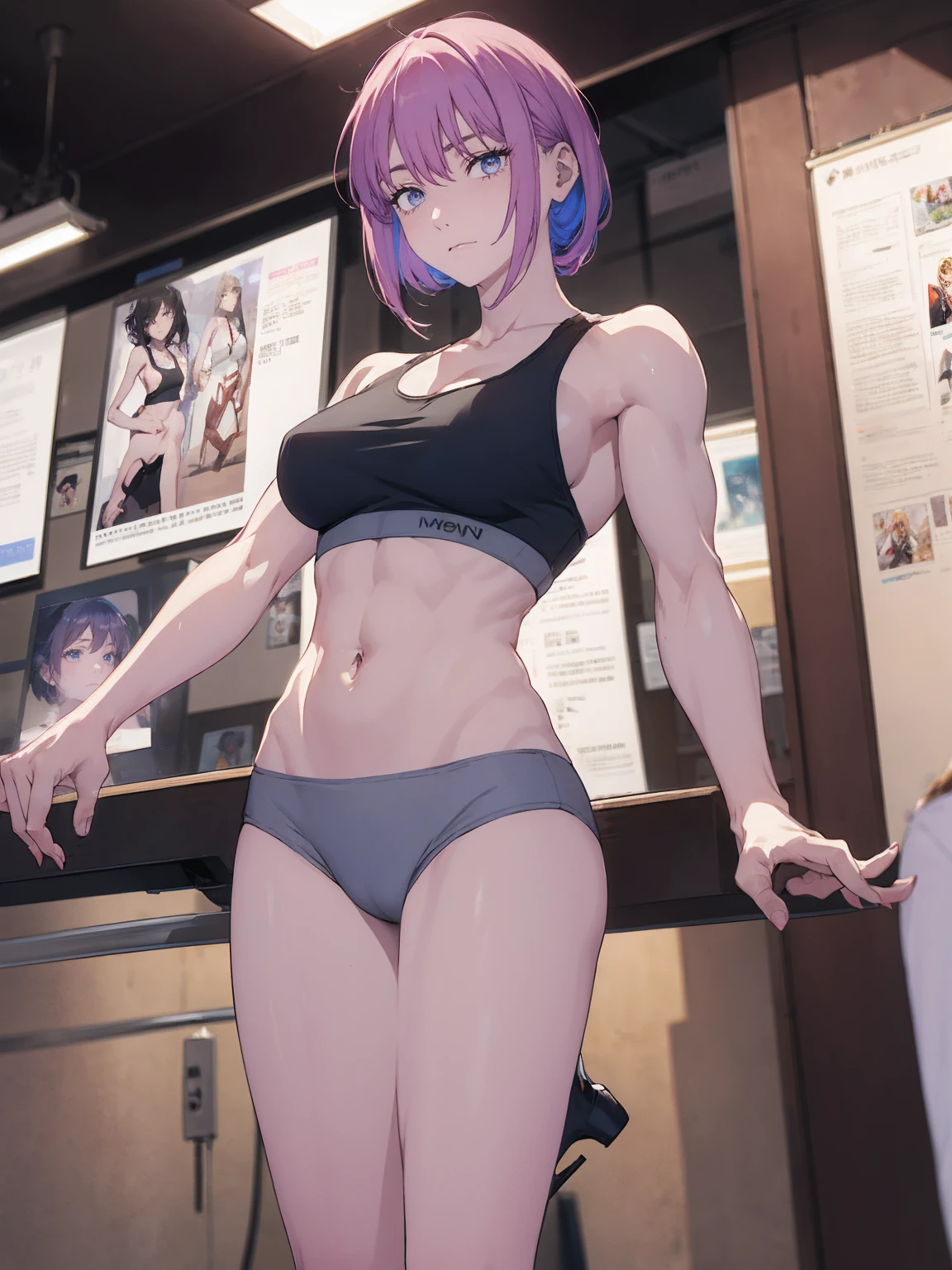 (Sweat:1.2, White skin:1.5、Grey sports bra)Surreal Japanese Portraits,, Ron Mueck, Richard Estes, Marilyn Minter、Purple and blue gradation eyes enveloped in the mystery of the universe,、Perfect lighting, (Perfect hands, Perfect Anatomy)、whole body(1:2)、(White skin:1.5、Muscular arms)、Excellent style,Complete body balance、Dynamic Acid Pose(1:2)、(16:Specializing in aspect ratio 9)、Stiletto heels