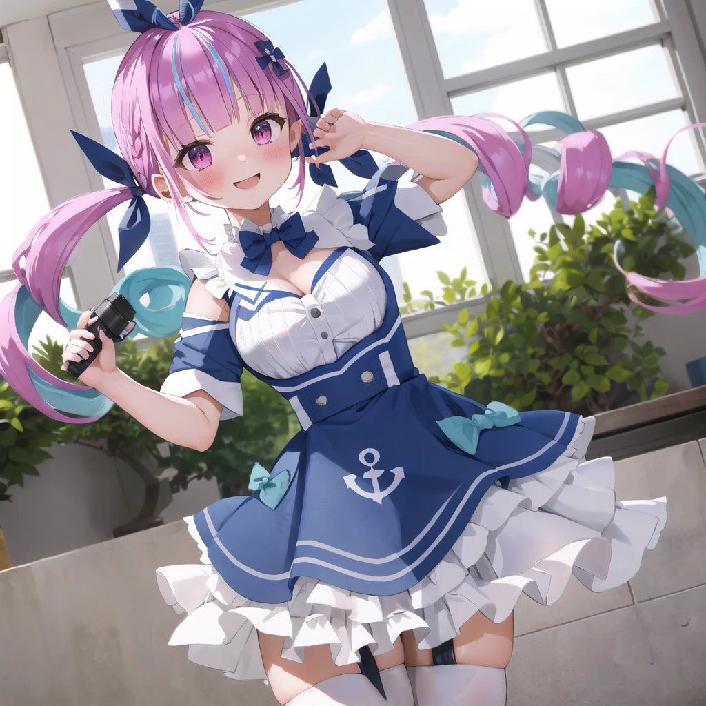 masterpiece, ultra detail, best quality, girl, shy, Minato aqua(School uniform costume),Make a heart with your hands., blush, comiket_cosplay_Hiroba, camera, indoor, holding camera, day, crowd, taking picture, blue sky, photo background, backwards , iiaqua, twintails, drill hair, cowboy shot, standing, classroom, smile
