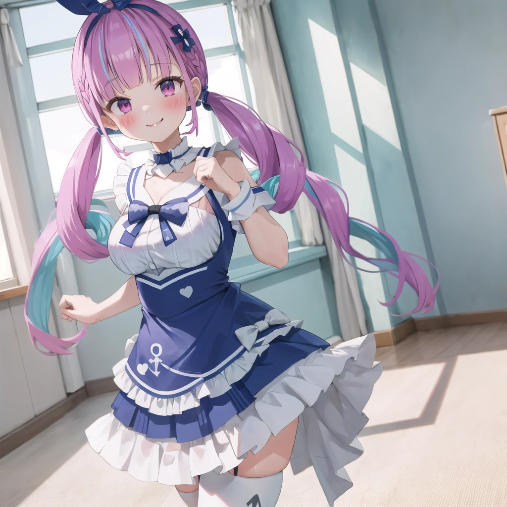 masterpiece, ultra detail, best quality, girl, shy, Minato aqua(School uniform costume),Make a heart with your hands., blush, comiket_cosplay_Hiroba, camera, indoor, holding camera, day, crowd, taking picture, blue sky, photo background, backwards , iiaqua, twintails, drill hair, cowboy shot, standing, classroom, smile