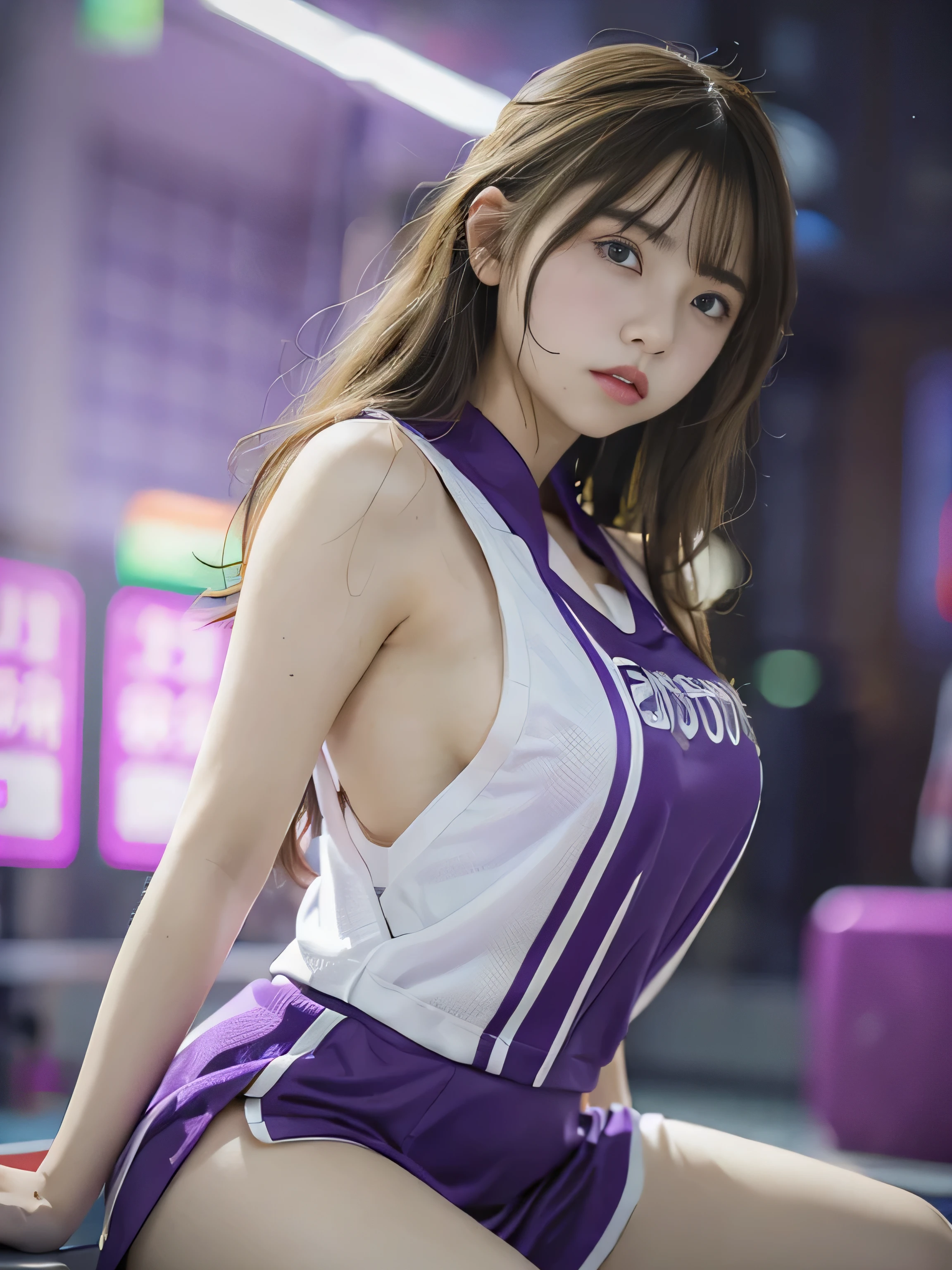 (Raw quality), Highest quality、masterpiece、Ultra-high resolution、(Photorealistic:1.4)、Raw photo、1 Girl、, Glowing Skin、headset、((Ultra-Realistic Details))、Portrait、Global Illumination、Shadow area、Octane Rendering、8k、Ultra Sharp、((Delicate body type))、Hair ornament of the future、(Oversized basketball team uniforms:1.3)、Cleavage、sid(Medium bust:1.4))、(Sunburned skin:ery intricate detail、Realistic Light、Metallic Shine、CGSoation Trends、(Purple eyes:1.4)、(Shining Eyes)、Facing tmera、Neon Details、Sitting、Cyberpunk background、Small LED lamp、(Purple and green lighting from behind)、