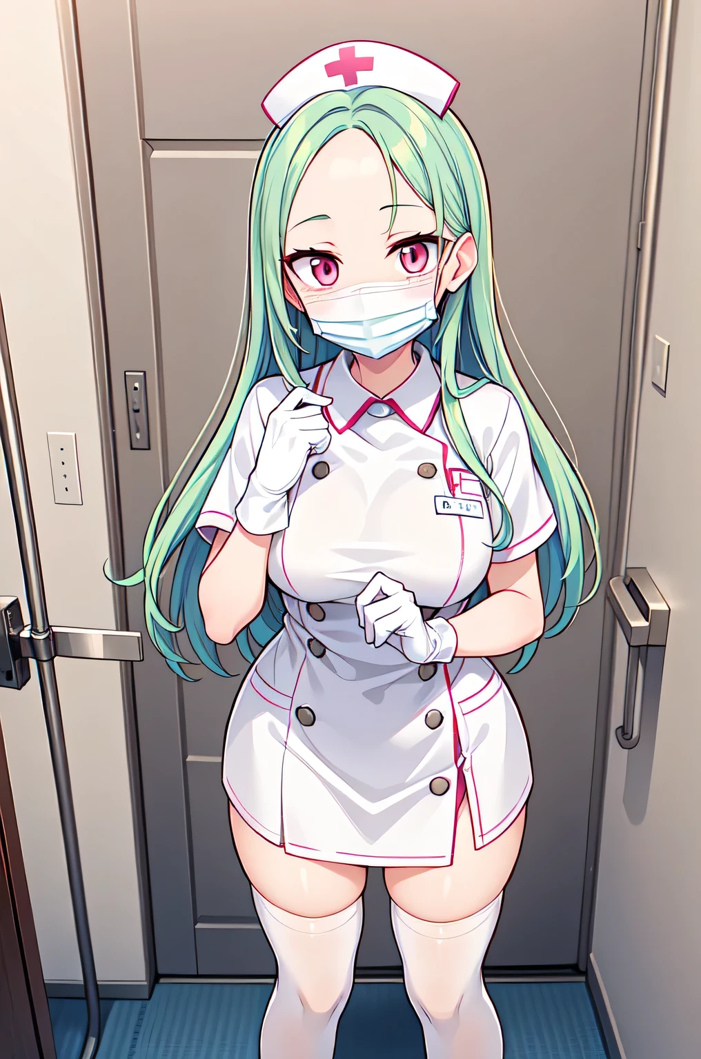 1woman, solo, nurse, white nurse cap, white nurse uniform, ((white legwear, zettai ryouiki)), white gloves, forehead, long hair, green hair, pink eyes, ((white surgical mask, covered nose)), standing, ((hospital room)), sharp outline, short sleeves, mature female, 35 years old, best quality, masterpiece