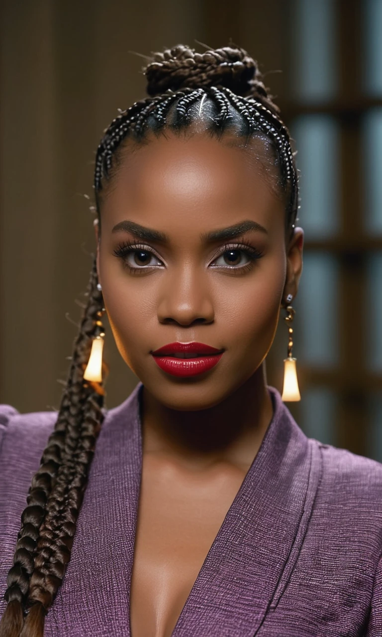 perfect portrait, extreme detail, shot on canon 7d mk ii with 85mm 1.2 lens, box braids hairstyle, perfect face, with an exquisite intricate interior background photo of 26 years african woman facing the camera, shot from waist up, (long darkbrown box braids:0.9), tooth gap, serious, (puffy sharp eyes:1.15), office background, background flashlight rises, dynamic pose, cinematic lighting, soothing skin, blush brown natural lips with slight lipgloss, (slighty open mouth:1.25), (shoulder view:1.2),

depth of field, highly detailed, gorgeous, sharp detailed, extreme focus.