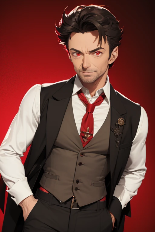 Hugh Jackman from Wolwerine 40 years old Black vampire short hair red vintage vest with black pointed ears red eyes black pants Stempunk Steampunk clothing black vintage decorations Steampunk holding a blood sword looking directly at the viewer red background