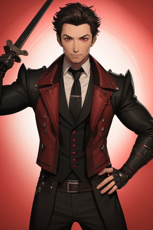 Hugh Jackman from Wolwerine 40 years old Black vampire short hair red vintage vest with black pointed ears red eyes black pants Stempunk Steampunk clothing black vintage decorations Steampunk holding a blood sword looking directly at the viewer red background
