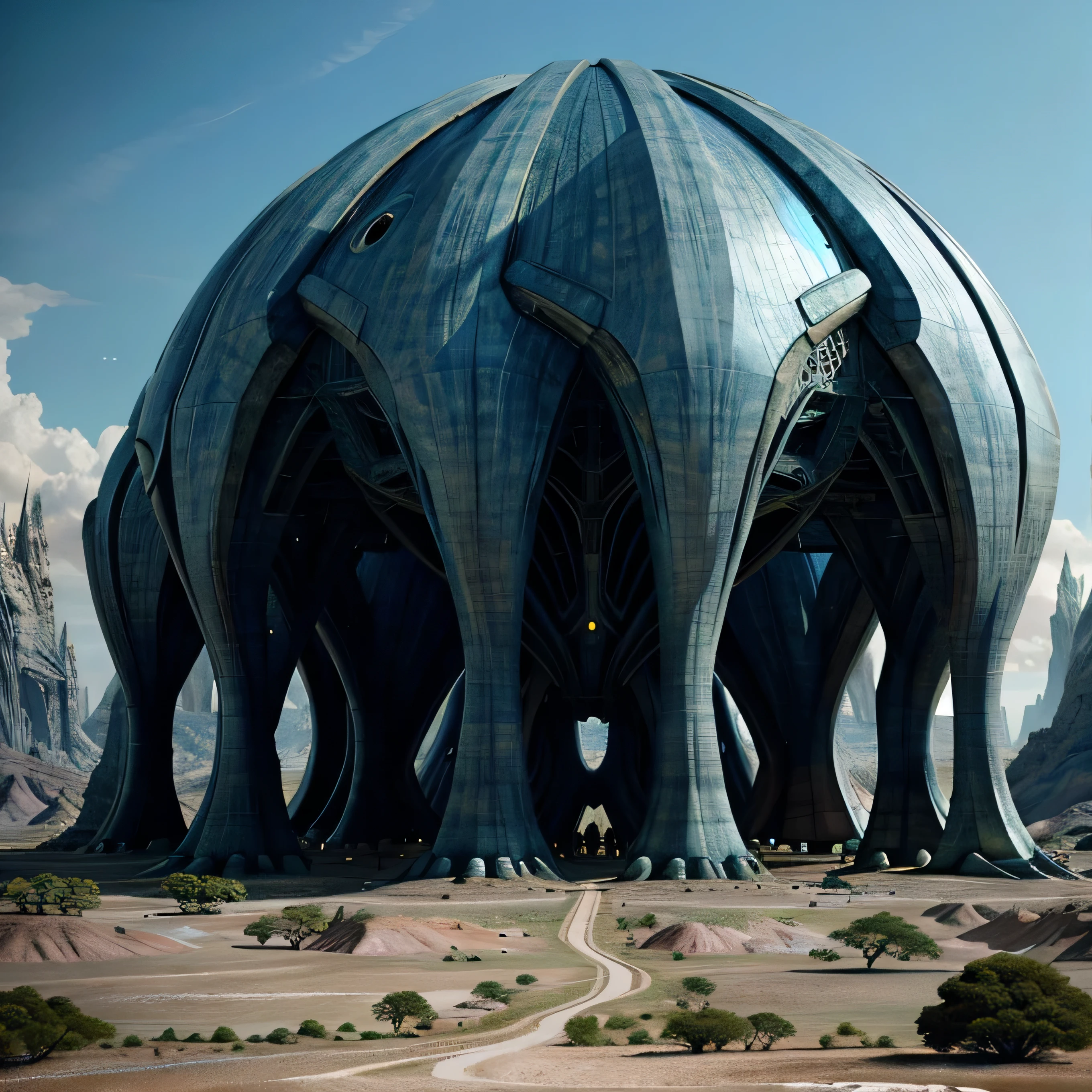 a vast alien exoplanet landscape,blue skies, strange growing alien flora, otherworld geology, intricate alien architecture, advanced alien technology, cinematic lighting, matte painting style, highly detailed, photorealistic, 8k, best quality, ultra-detailed, realistic, atmospheric