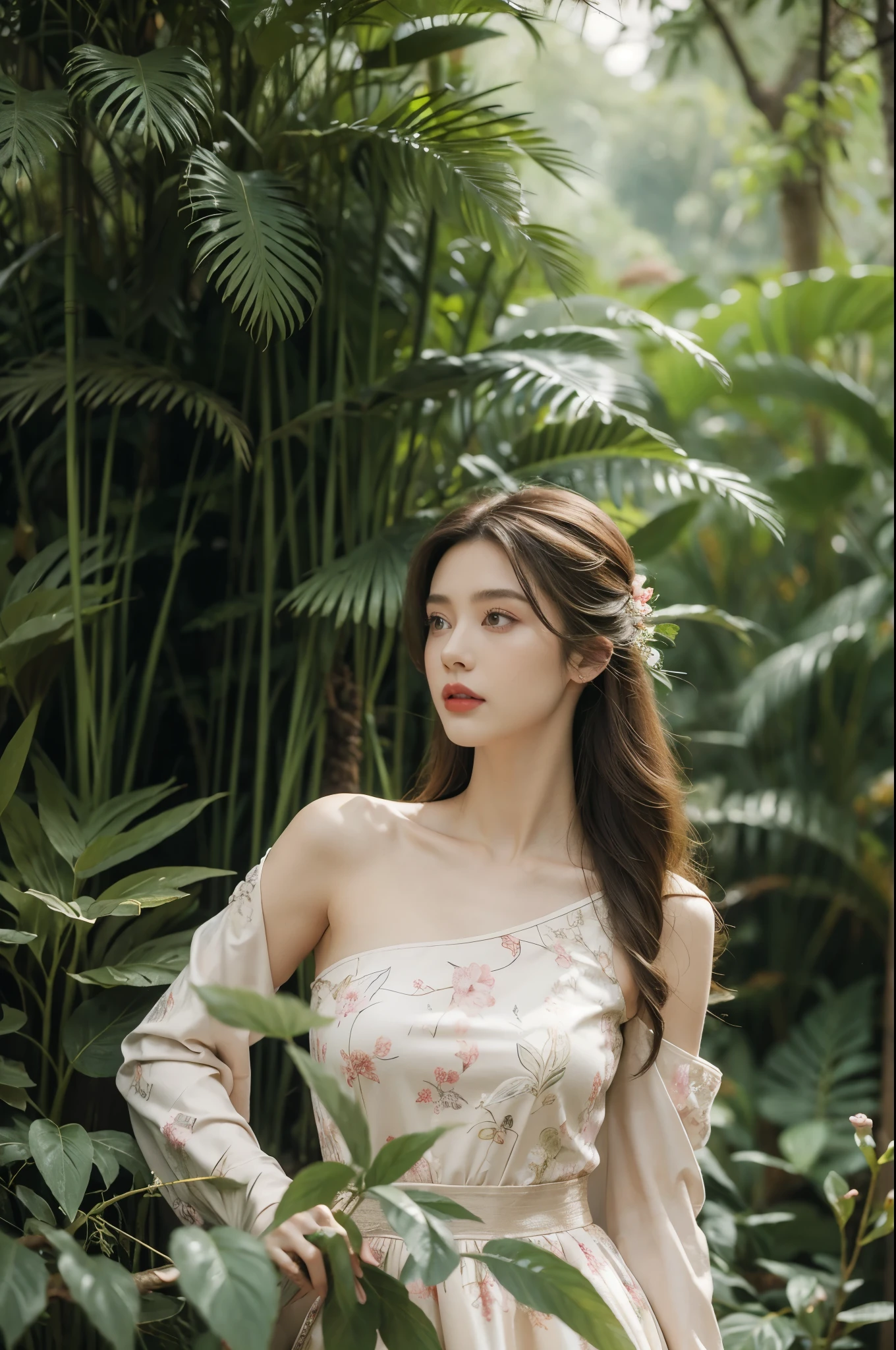 (((best quality))),(((ultra detailed))),(((masterpiece))),illustration,1girl,solo,enchanting beauty, elegance, confidence,shoulder length straight hair,slim,thin,flat chest,small breasts,standing,vibrant red lipstick, sleek forest green dress, above knees, s intricate floral patterns, stylish boots, calf-high, adventure, lush prehistoric forest, Jurassic Park, (vibrant pink dinosaur:1.2), pastel scales, tall proud, long neck, massive rounded body, majestic presence, powerful legs, gentle intelligent eyes, unforgettable bond, towering ferns, lush undergrowth, captivating backdrop, vines, towering trees, delicate flowers, sweet scent, gentle rustling, soft melodic breeze, mystical, adventure, wonder, extraordinary encounter, timeless journey, etched in time, extraordinary encounters, unknown,((from front,upper body))