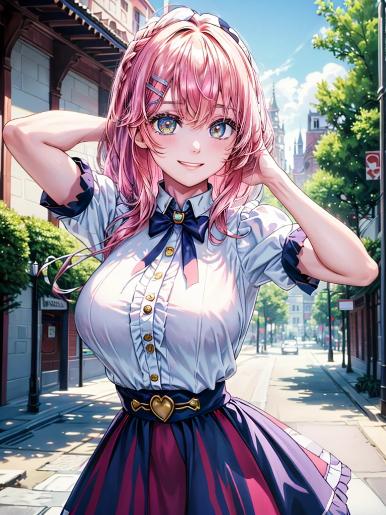 best image quality, (masterpiece:1.2), ultra detailed, exquisite, cowboy shot, high quality, Beautiful art, One Girl, looking at viewers, (leaning forward:1.5), arms behind back,  ((18 years old, Big Breasts, Giant bust:1.2)), fair skin, beautiful skin, Detailed teeth, Light green eye rest, Meticulous Eyelash Details, twinkle(in the eyes), Pastel pink French Braid, thin, smile, Heartily laugh, Fashionable clothes、(white ruffled blouse:1.1)、White collared shirt, (dark blue high-waist skirt:1.5), (Short sleeve shirt:1.1), from above,  in a town