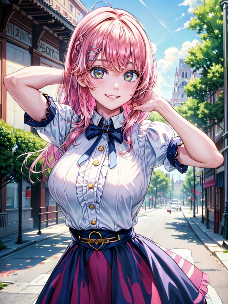 best image quality, (masterpiece:1.2), ultra detailed, exquisite, cowboy shot, high quality, Beautiful art, One Girl, looking at viewers, (leaning forward:1.5), arms behind back,  ((18 years old, Big Breasts, Giant bust:1.2)), fair skin, beautiful skin, Detailed teeth, Light green eye rest, Meticulous Eyelash Details, twinkle(in the eyes), Pastel pink French Braid, thin, smile, Heartily laugh, Fashionable clothes、(white ruffled blouse:1.1)、White collared shirt, (dark blue high-waist skirt:1.5), (Short sleeve shirt:1.1), from above,  in a town