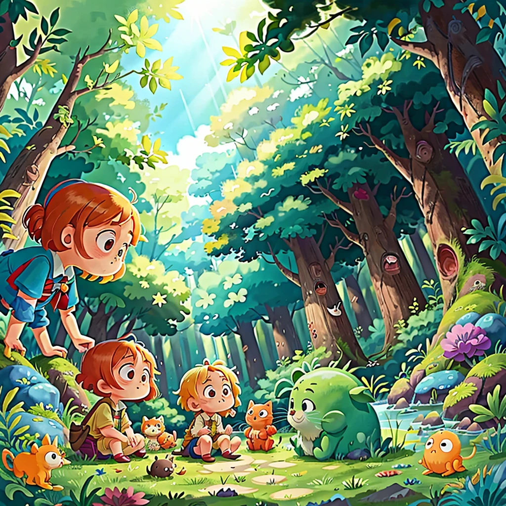 Lily、、lot、Pippi is curious、clever、Lively、Love exploring the forest. The sun is bright and the protagonists are playing in the forest.,The sun is high in the sky. The sun in the blue and green scenery illuminates the characters and the forest.